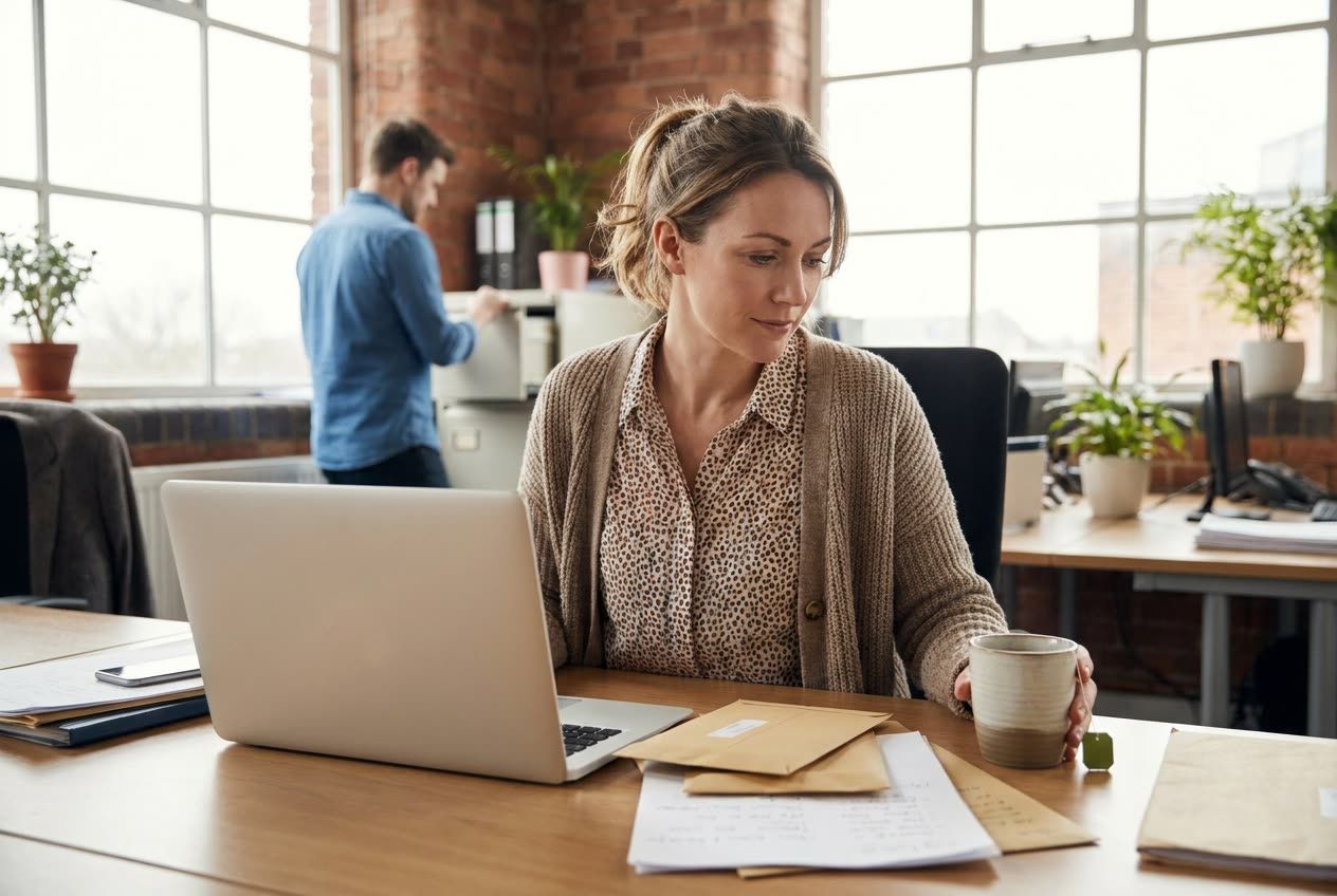 A purchase ledger assistant at a bright office desk looks from her laptop to a small stack of supplier invoice envelopes, a mug of tea beside her.