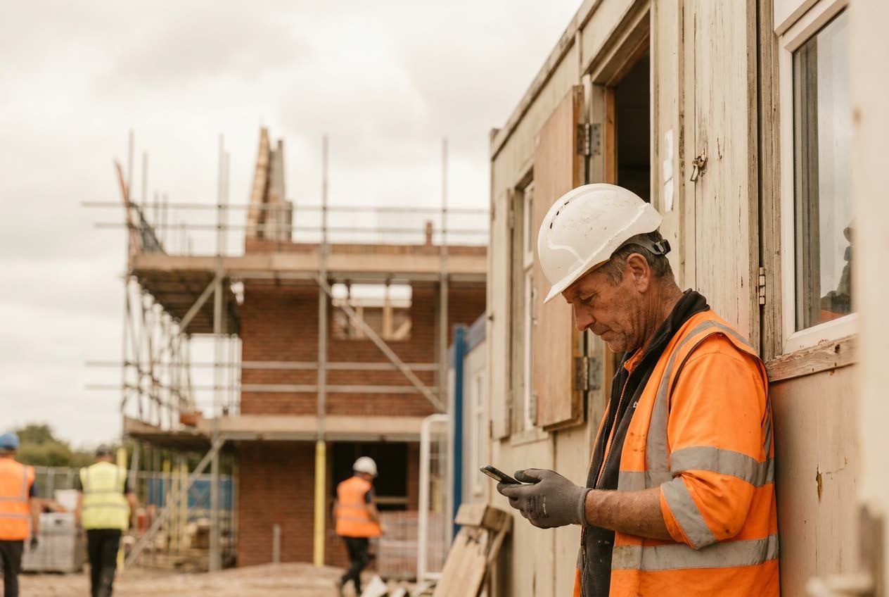 A construction site manager in a hard hat and hi-vis vest checks his phone outside a site cabin, with scaffolding blurred behind him.