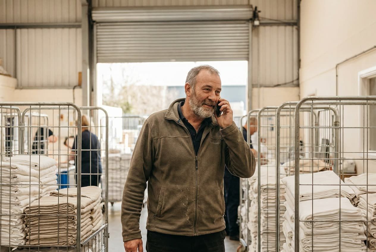 The owner of a small linen hire business stands in his warehouse among laundry trolleys, talking on his mobile phone.