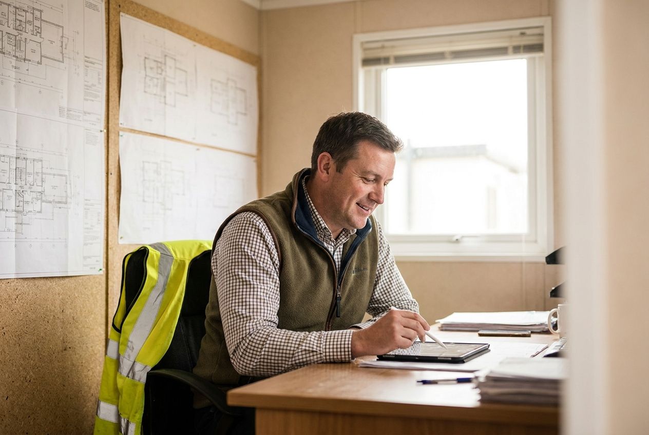 A contracts manager approving an invoice on a tablet in a site cabin office