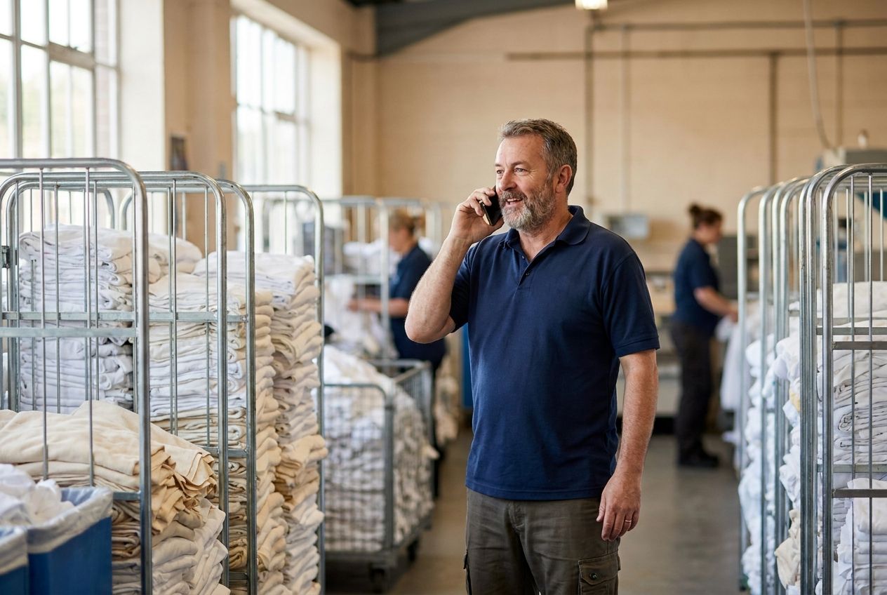 A supplier in a navy work polo on his mobile in a laundry depot, chasing a payment