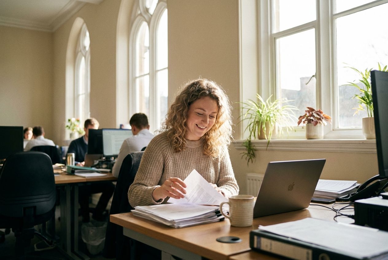 An accounts assistant working at a laptop in a bright finance office with a cup of tea