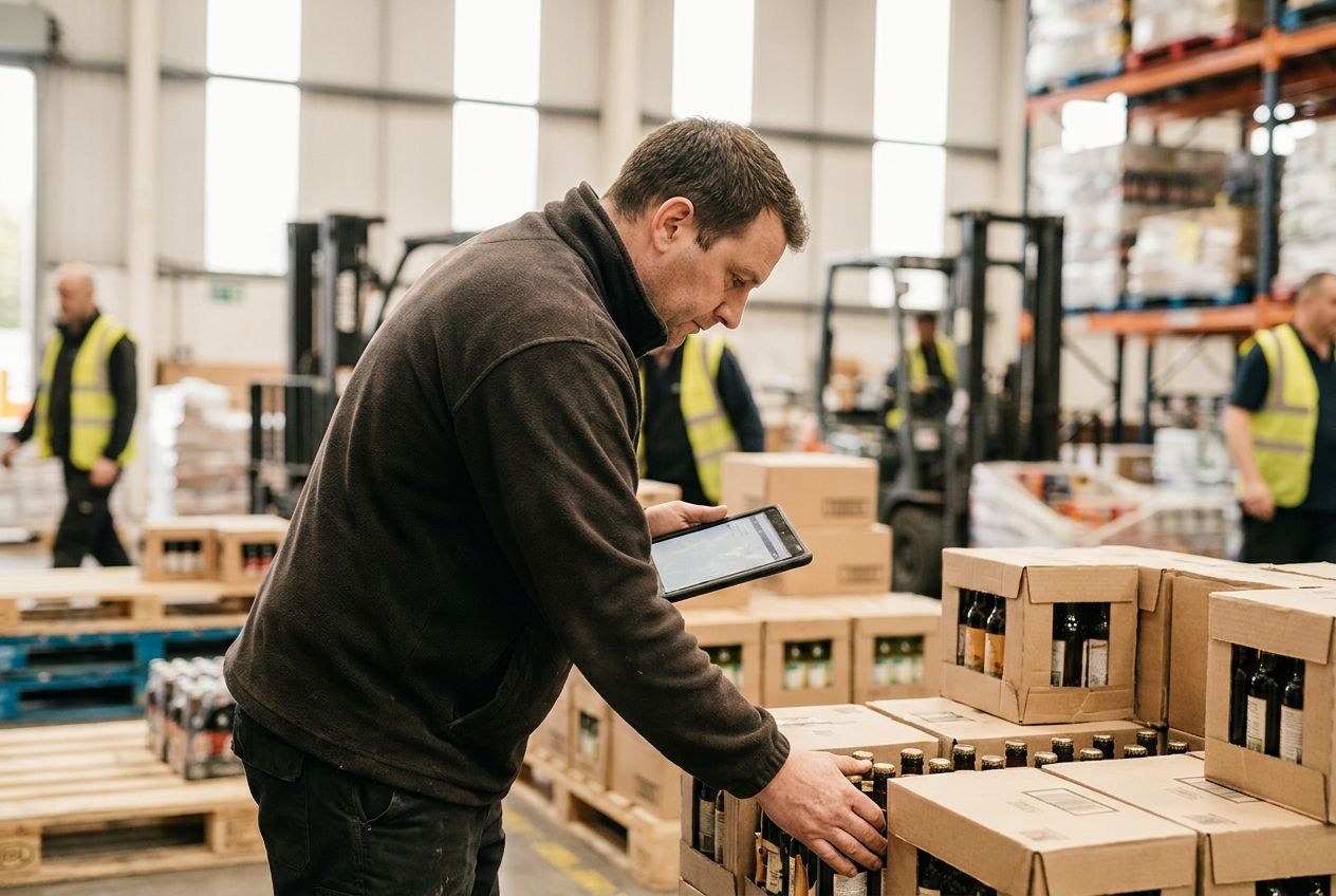 A storeman in a warehouse checking cases of drinks against a delivery note on a tablet