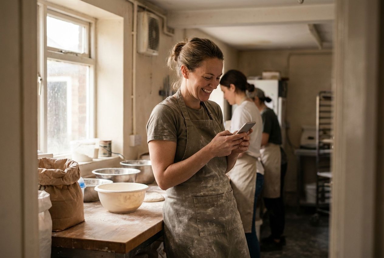 A bakery owner in her back room reading a message on her phone and smiling